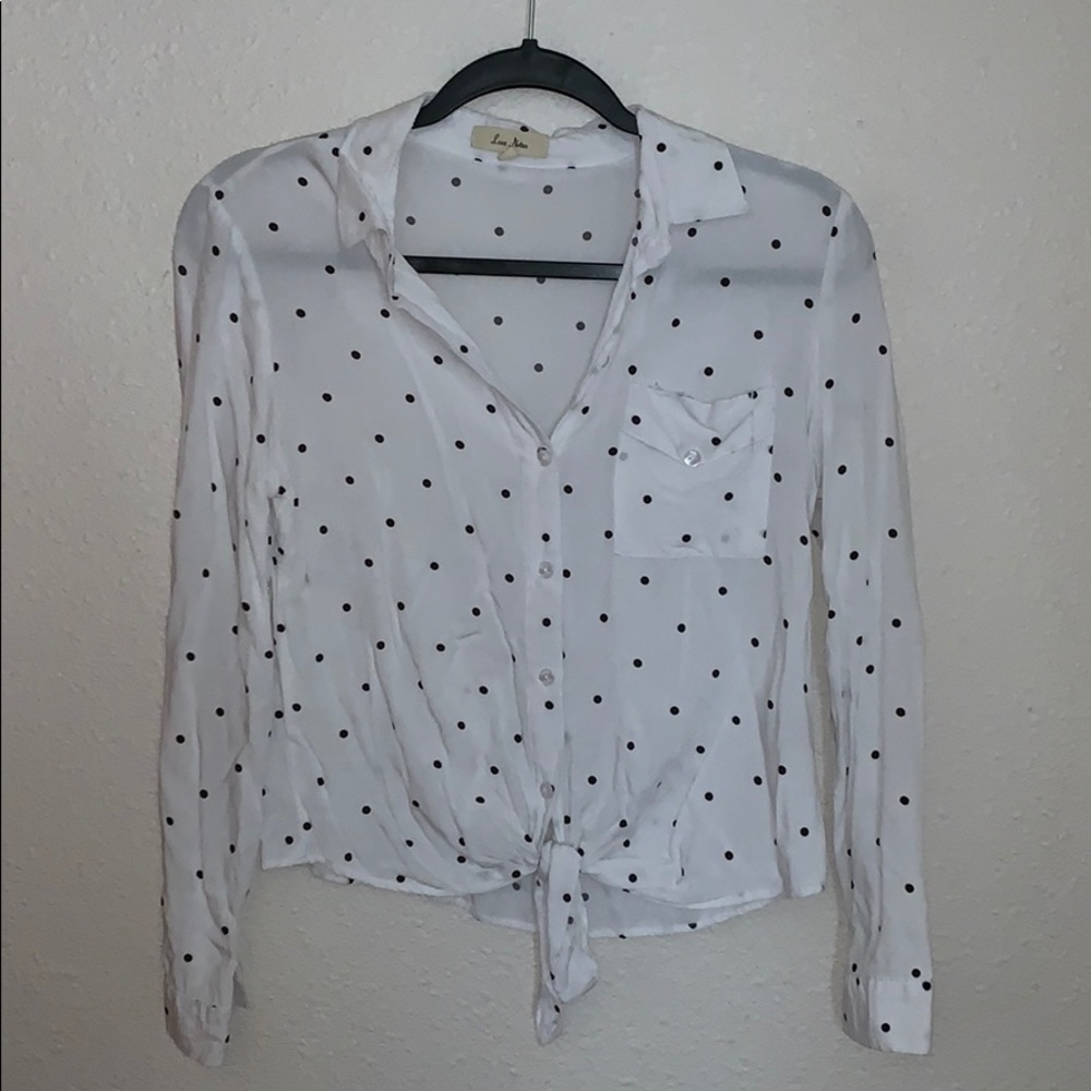 Self Tie White Polka Dot Button Up